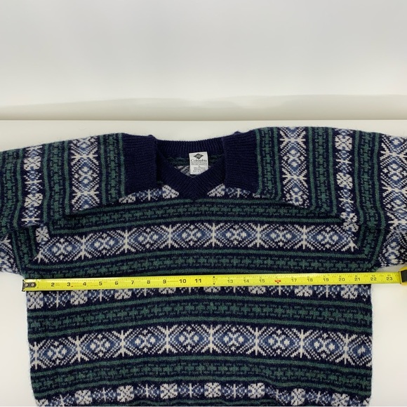 Vintage Columbia Men’s 100% Wool Fair Isle Sweater V-Neck Fuzzy Stripe Sz Large - Picture 15 of 16